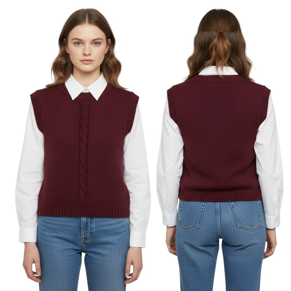 Vintage Genesis Cable Knit Sweater Vest S Burgundy Wine Red Wool Blend